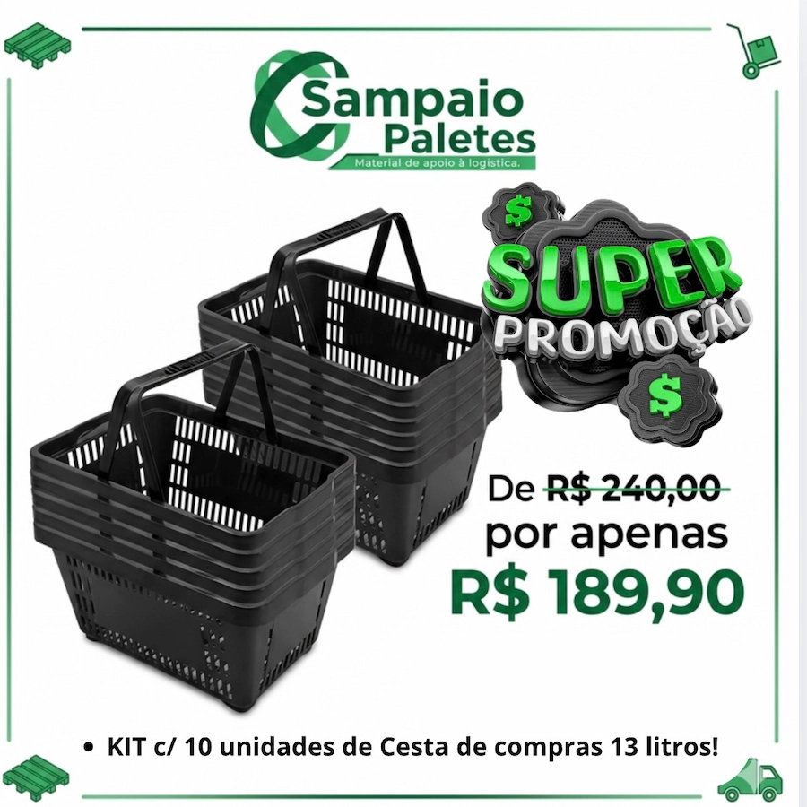 Kit com 10 cestas plásticas de compras pretas de 13 litros